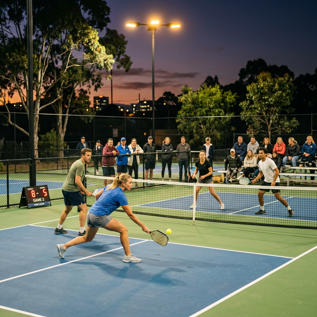 Competitive pickleball league match in progress