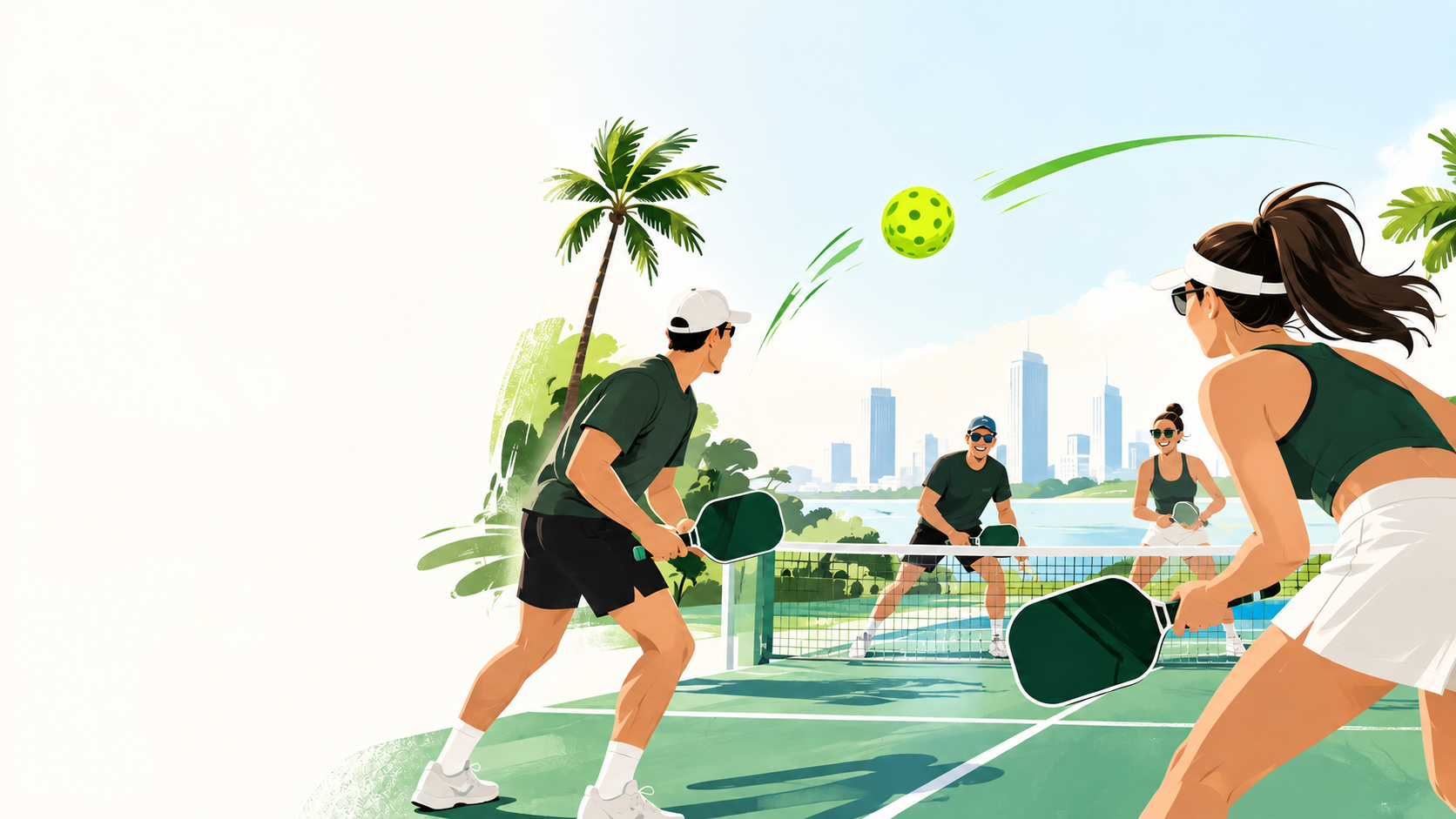 Players rallying on a Pingly pickleball court
