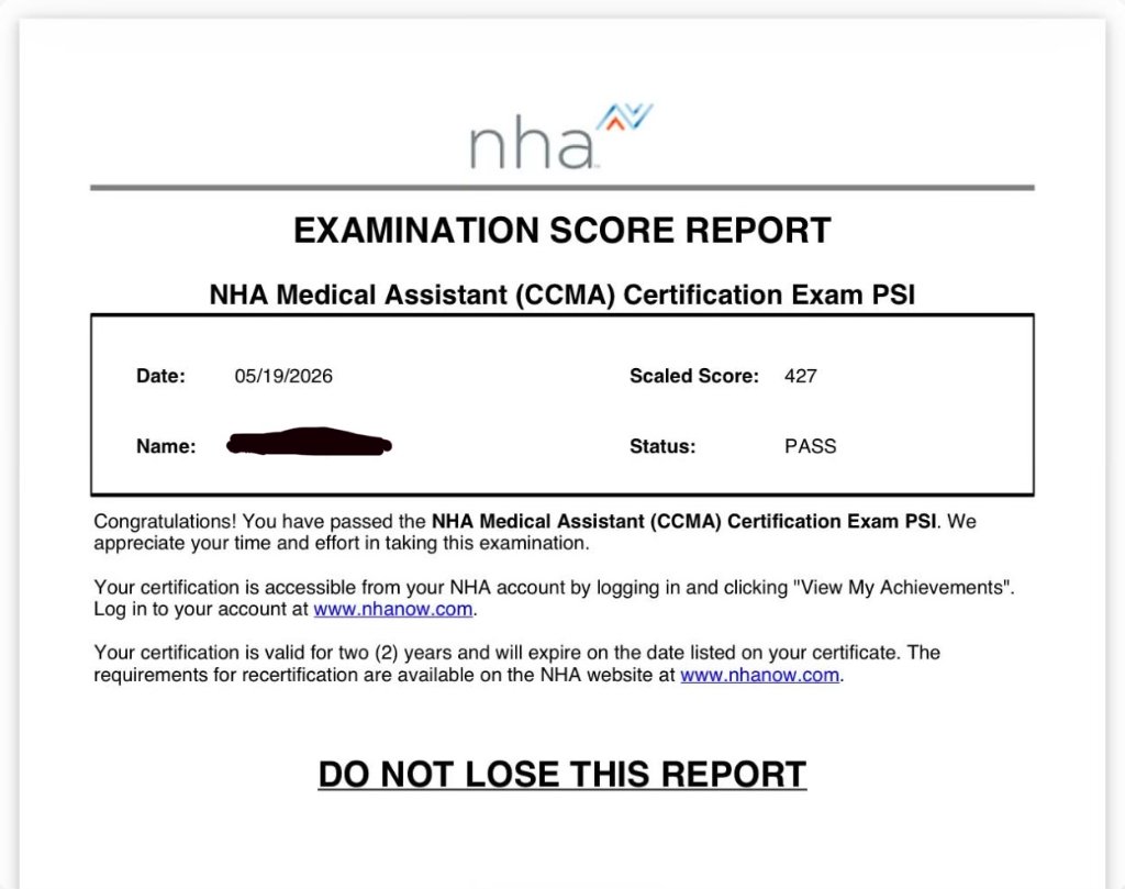 NHA CCMA passing examination score report testimonial screenshot