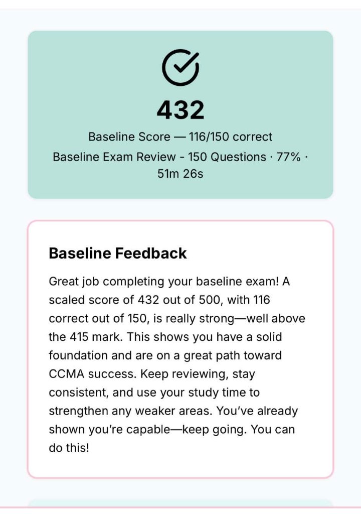 Clinical Confidence Lab baseline mock exam score and feedback screenshot