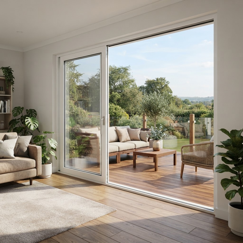Modern sliding glass patio door with clean white frame opening to a deck