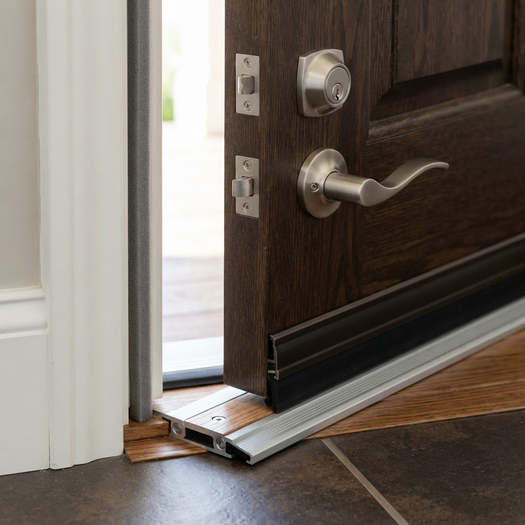 Entry door threshold and weatherseal installation detail showing door sweep, adjustable threshold, and weatherstripping