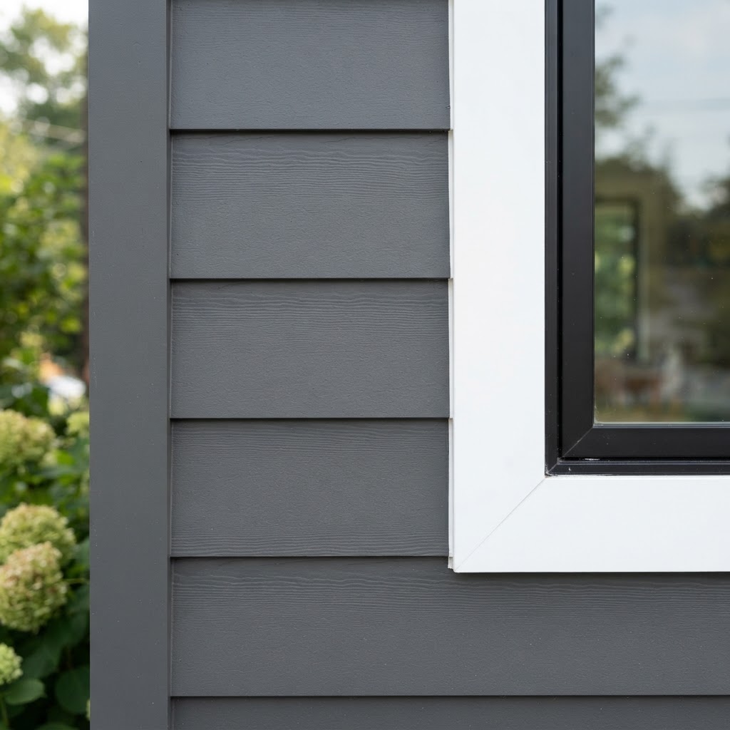 Close-up of premium fiber cement siding showing clean lap lines, wood grain texture, and color-matched corner board