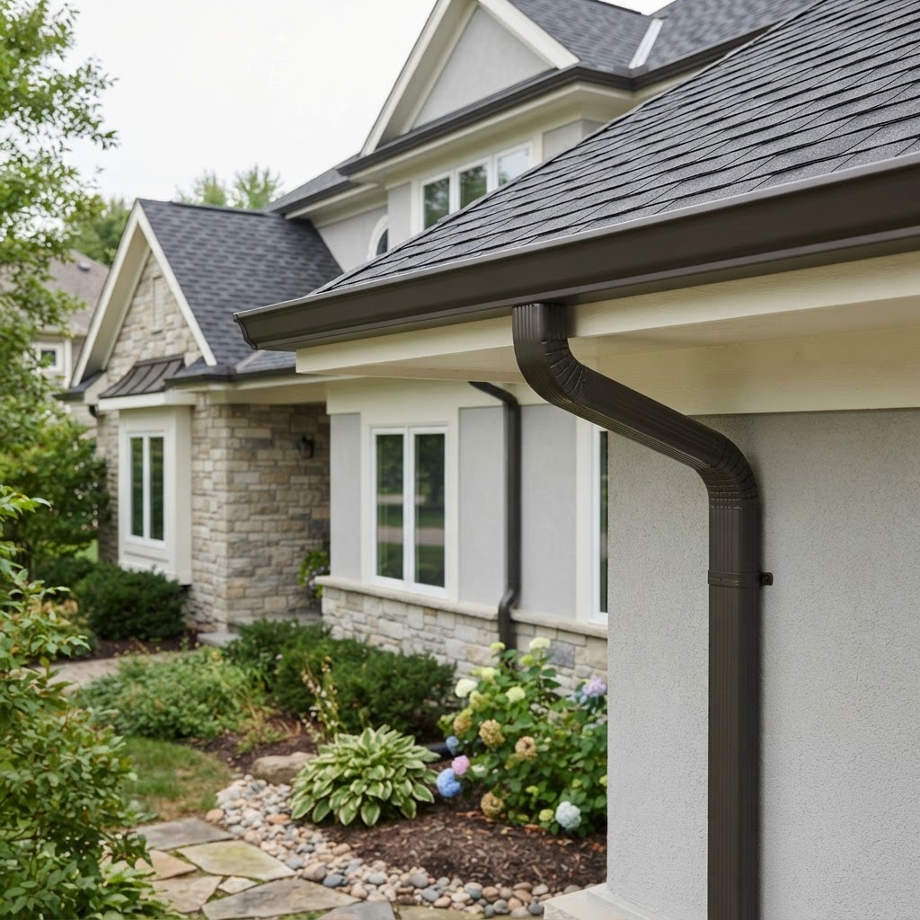 Suburban home roofline with newly installed seamless dark bronze aluminum gutters and color-matched downspout