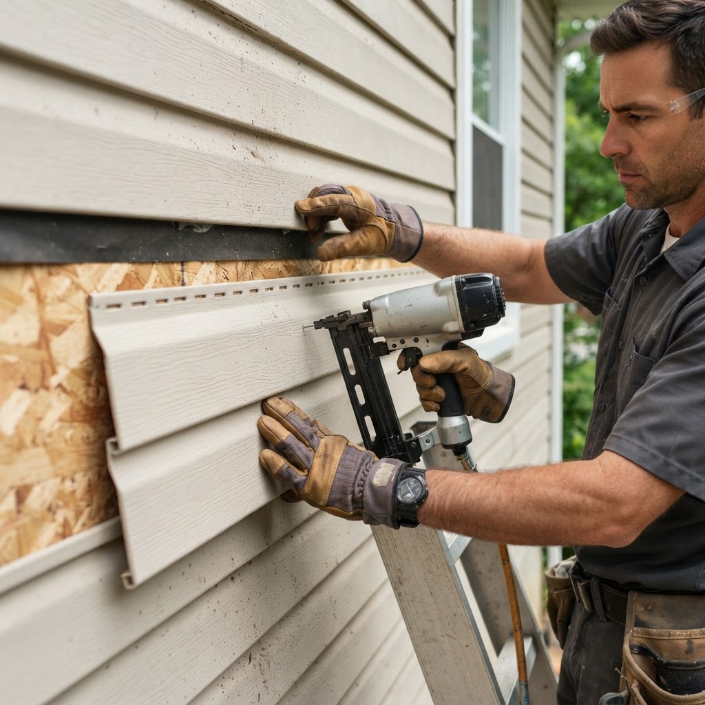 Siding repair showing replacement panel installation with proper overlap and nail placement