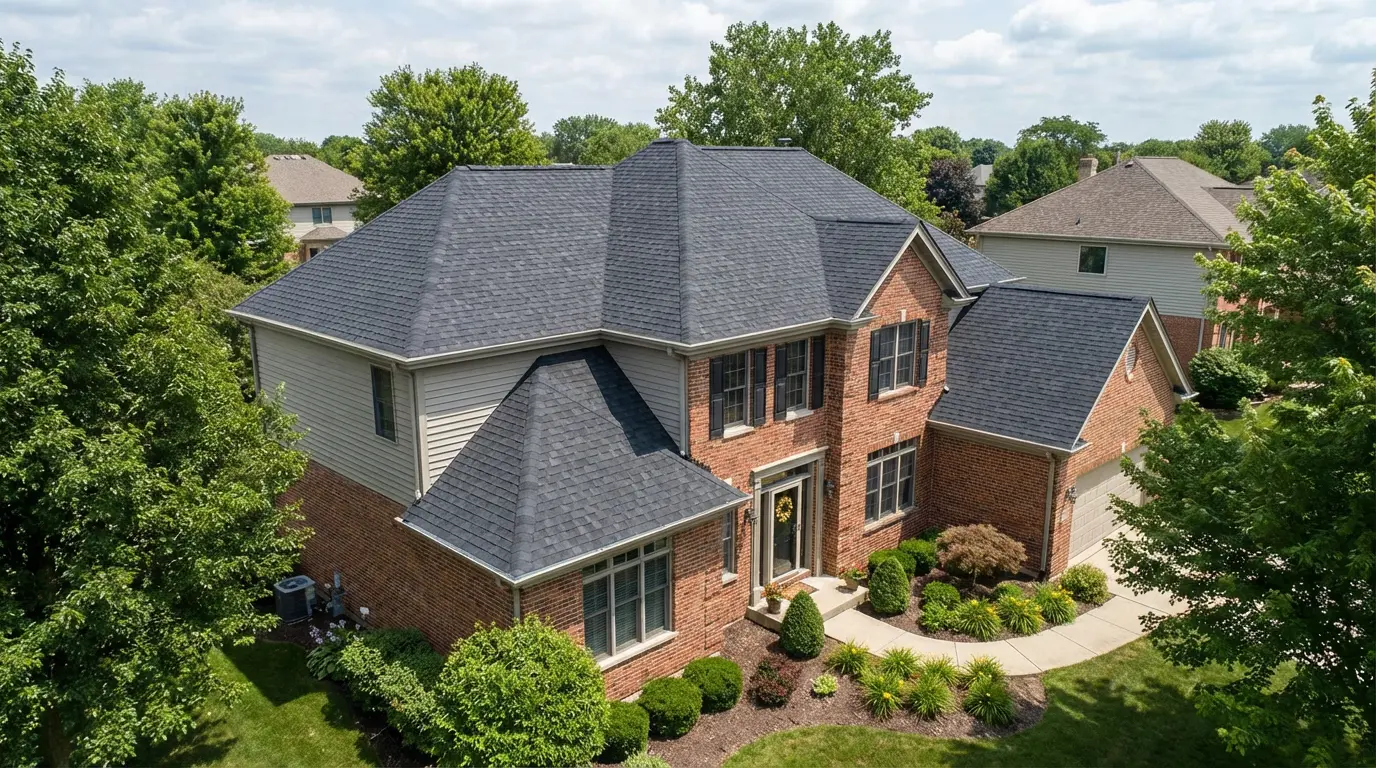 Aerial view of two-story red brick and tan vinyl siding home with dark charcoal architectural asphalt shingle roof replacement