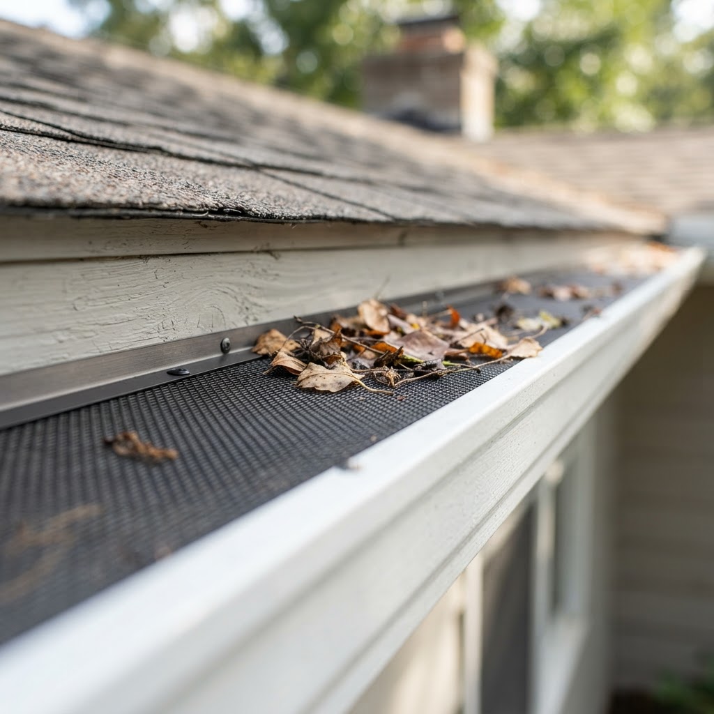 Gutter guard installation showing mesh leaf-filter system in seamless aluminum gutter