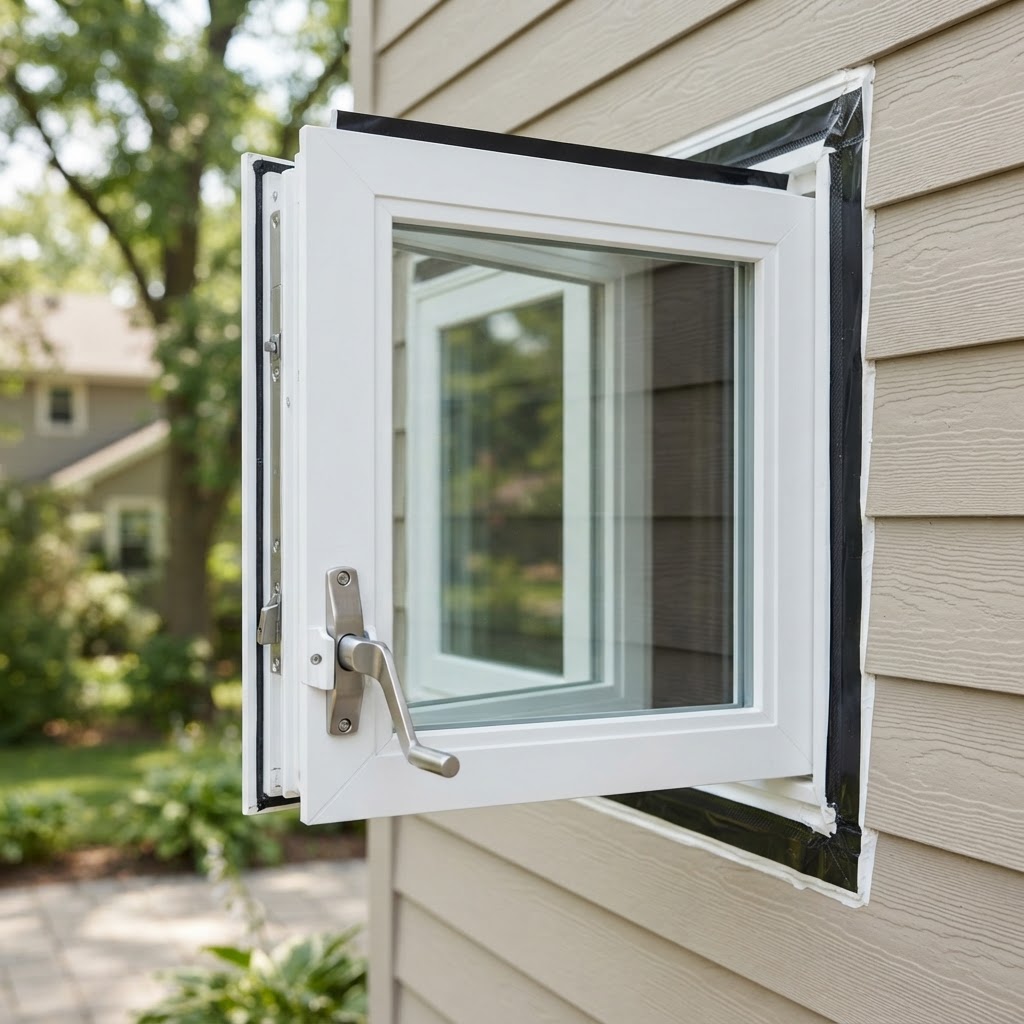 Casement window installation showing crank-operated hardware, clean white frame, and proper flashing