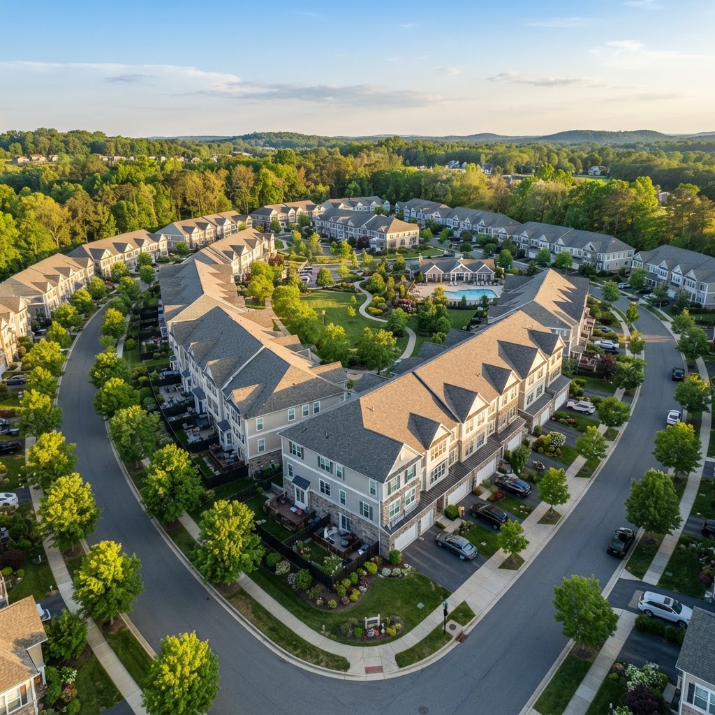 Aerial view of townhome community with uniform roofing systems across multiple buildings