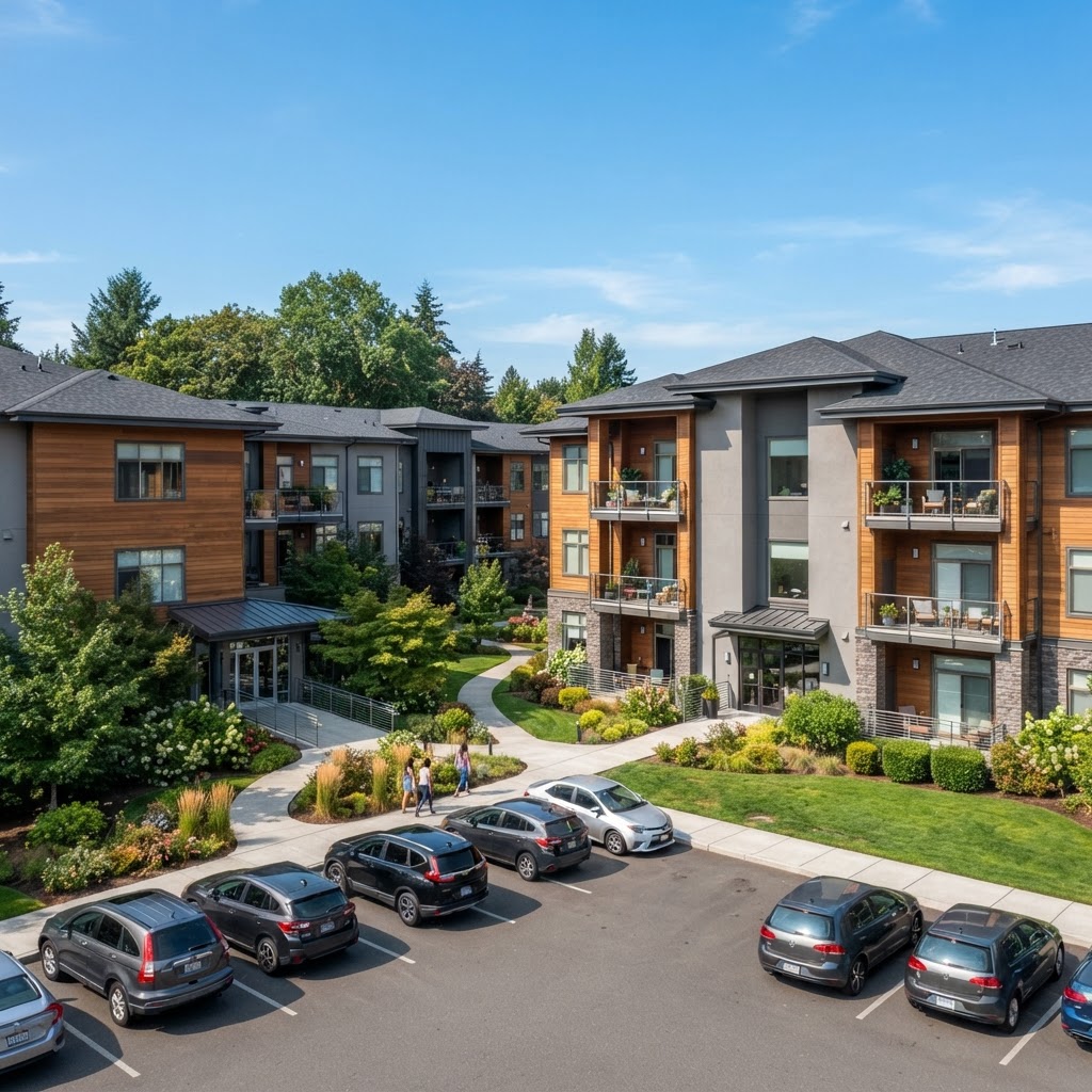 Modern apartment complex with multiple three-story buildings and clean roofing systems