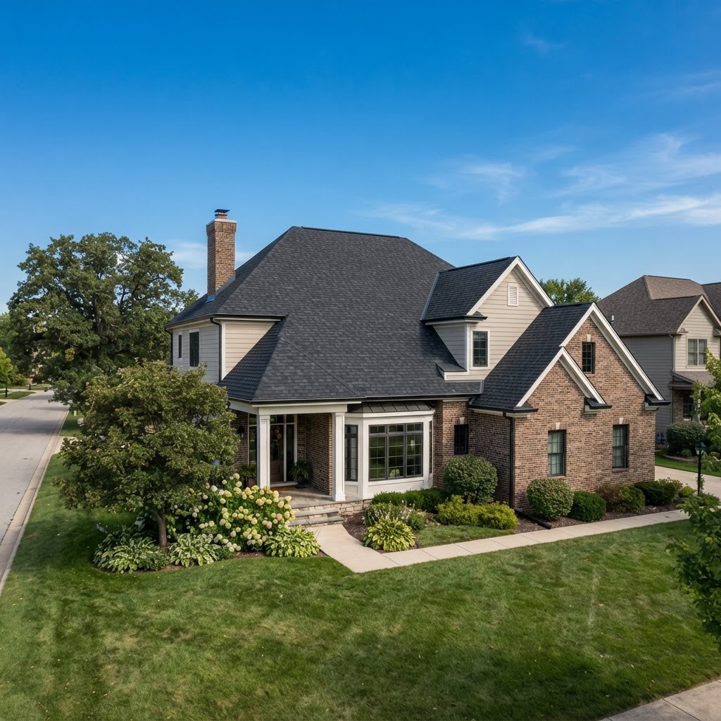 Completed residential roof replacement on a two-story suburban home with new architectural asphalt shingles in dark charcoal