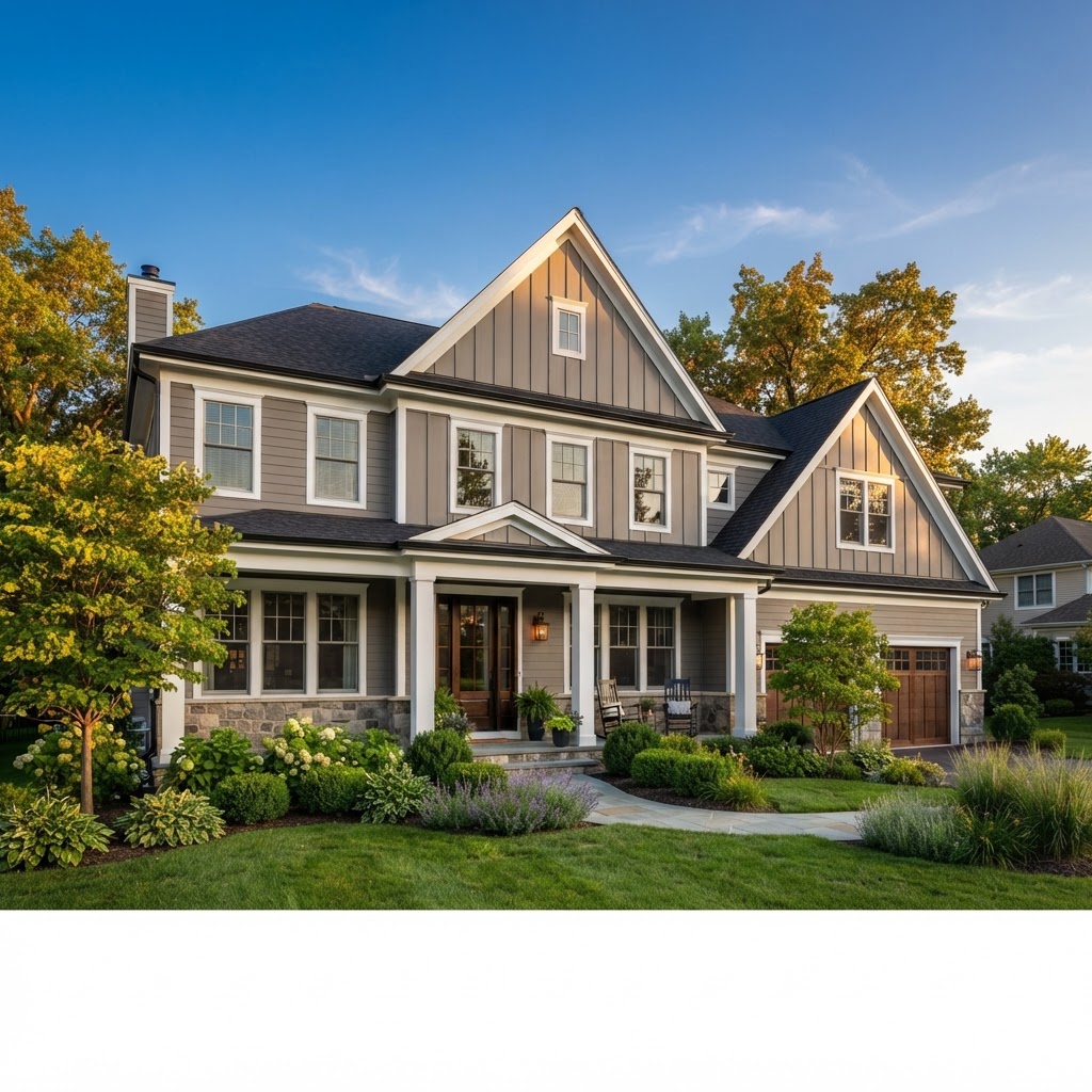 Two-story traditional home with newly installed premium fiber cement siding in warm gray with board and batten gable accents