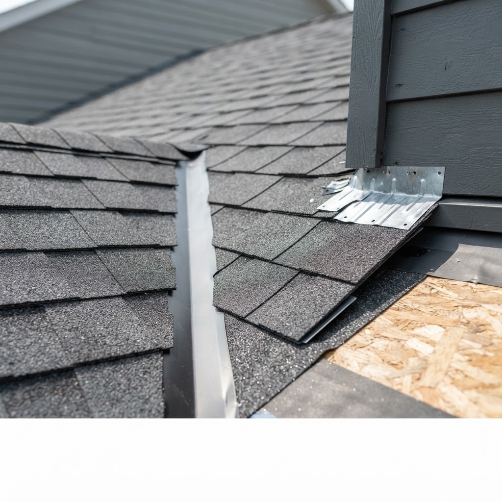 Close-up of architectural asphalt shingle installation showing proper overlap, step flashing, and ice and water shield underlayment