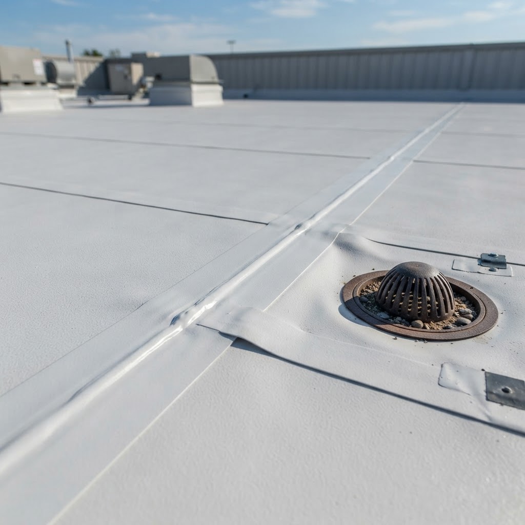 TPO membrane roofing installation on a flat commercial roof showing heat-welded seams and drainage slope