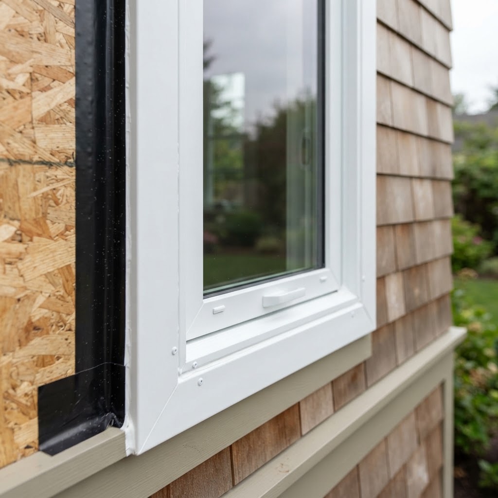 Replacement window installation detail showing white vinyl frame, Low-E double-pane glass, and proper flashing