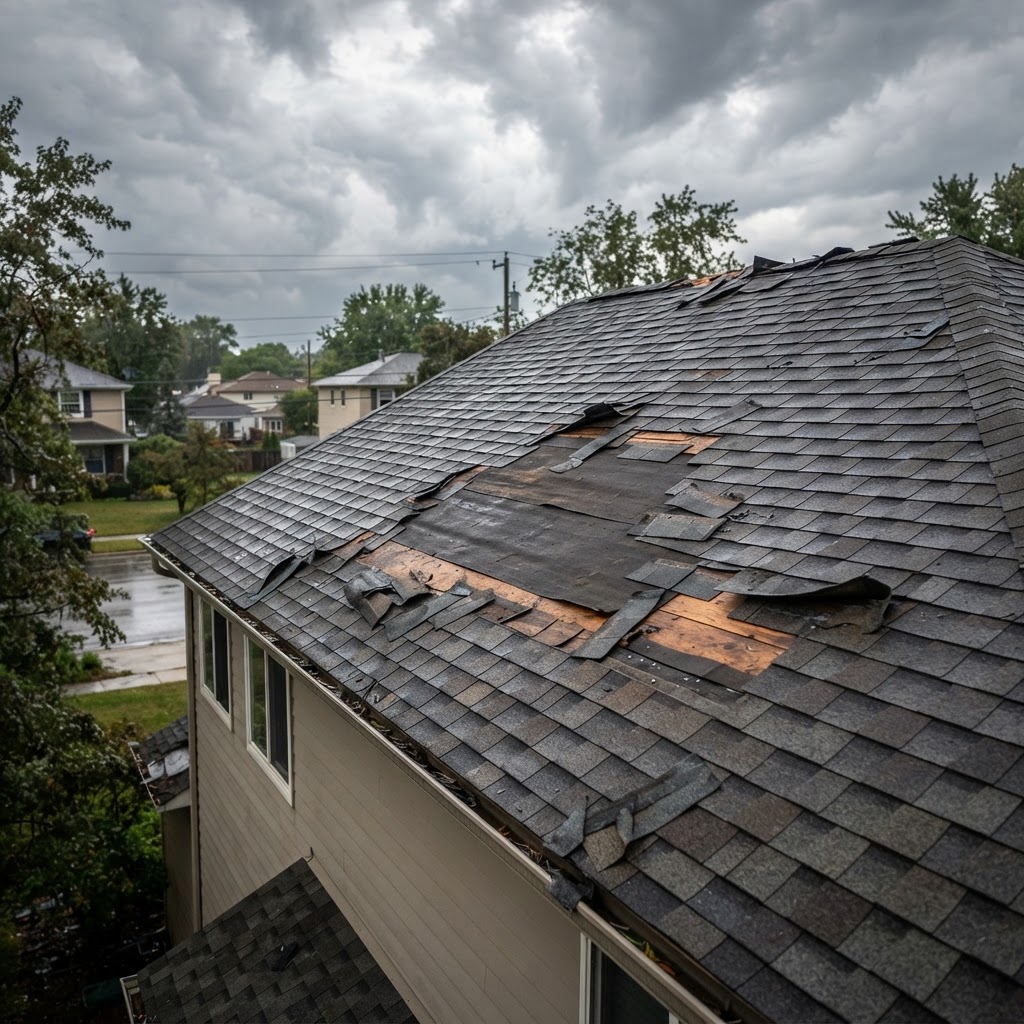 Storm and wind damage on a residential roof showing missing and lifted shingles