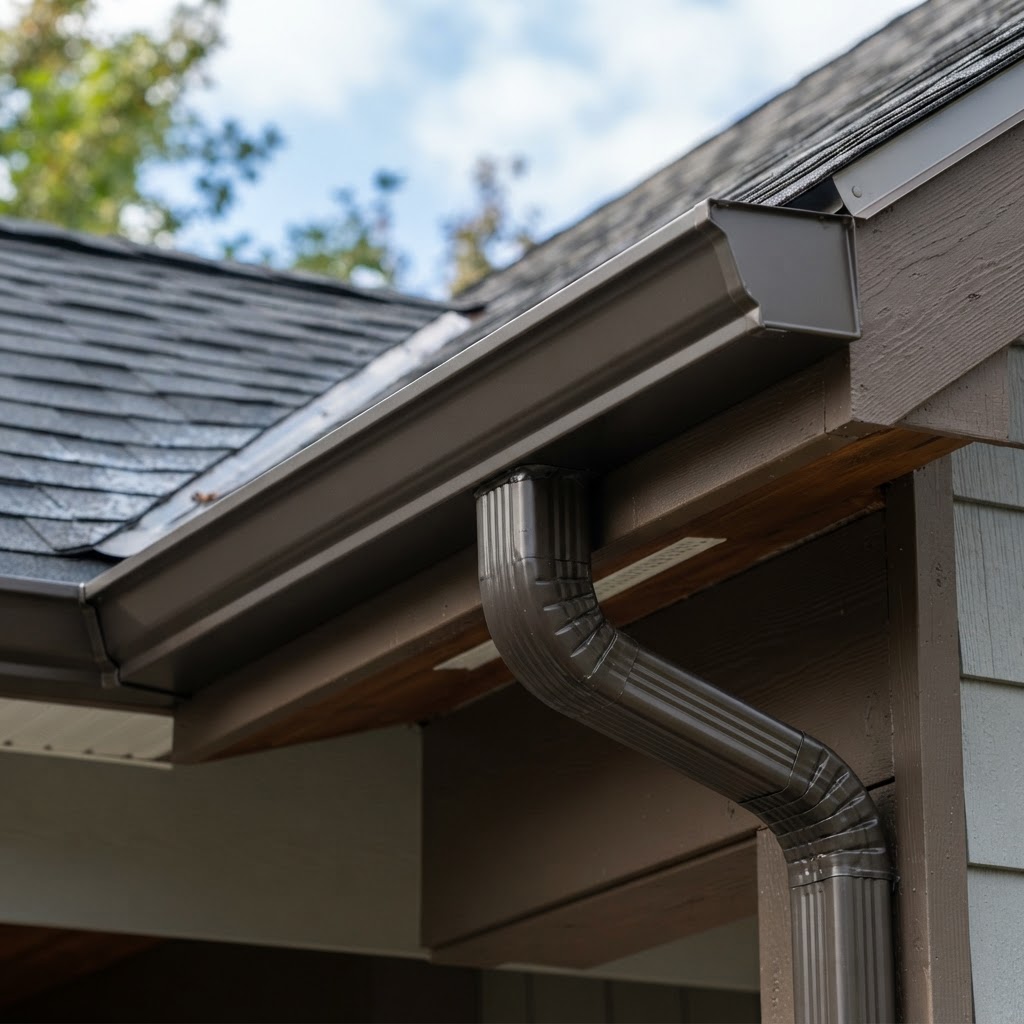 Close-up of seamless gutter installation showing gutter profile, downspout outlet, and proper slope along roofline