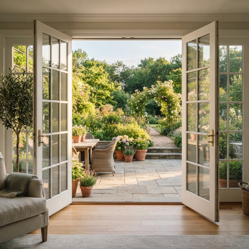 Elegant French doors open to a stone patio with clear glass panels and white frame