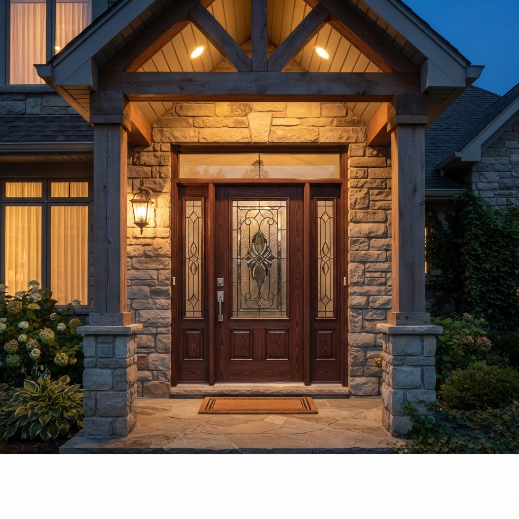 Premium fiberglass entry door in rich mahogany finish with decorative glass insert, sidelights, and brushed nickel hardware on a stone porch