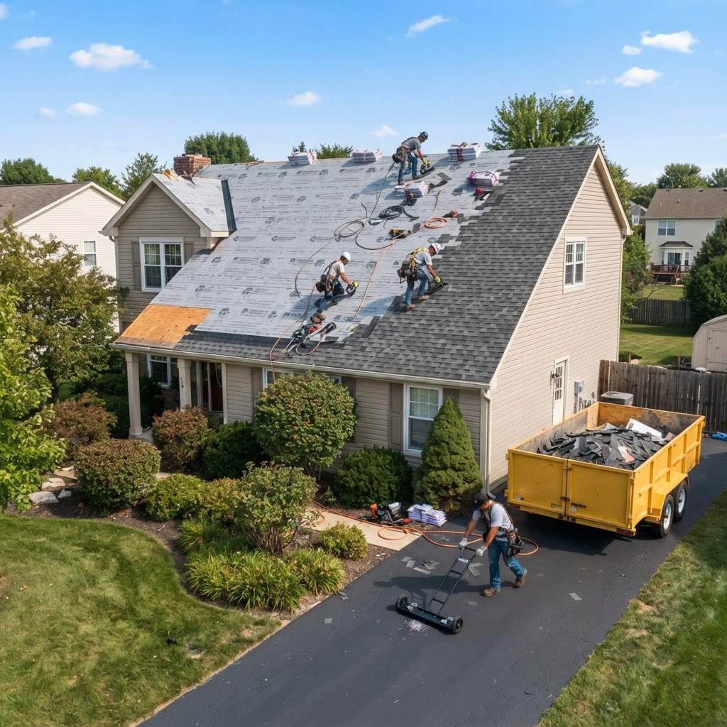 Residential roof replacement in progress with clean jobsite, new underlayment, and fresh architectural shingles