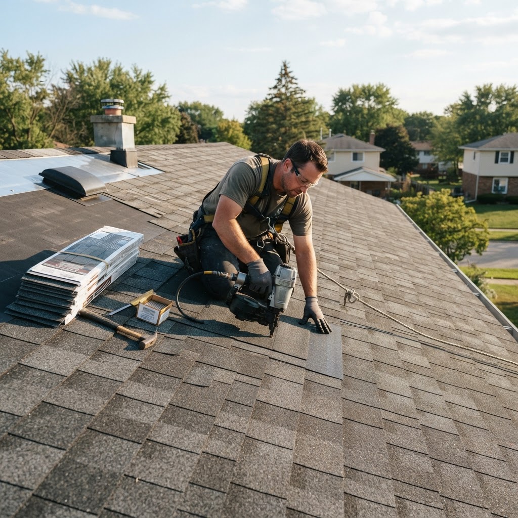 Roofing professional installing replacement architectural shingles on a residential sloped roof