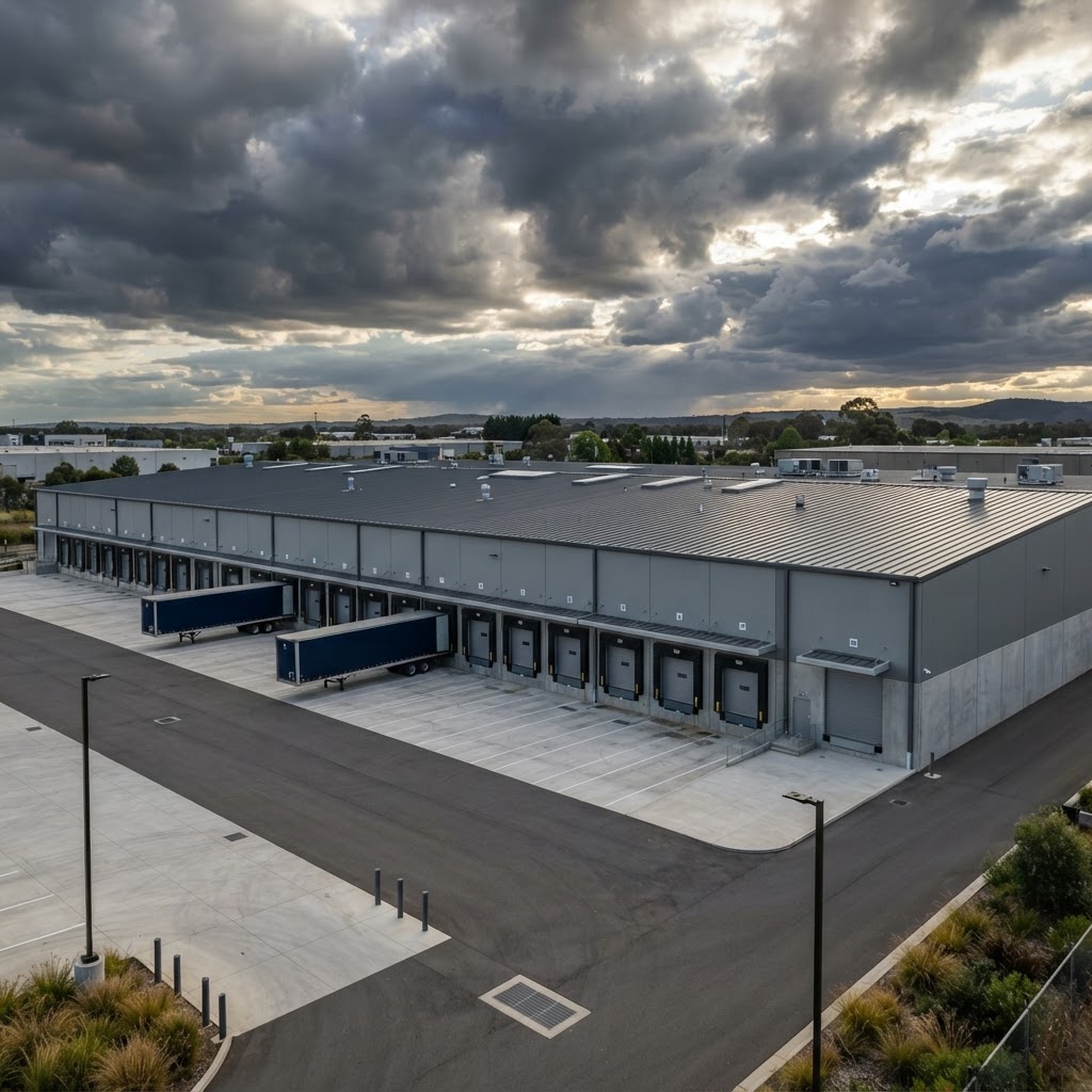 Large commercial warehouse building with new standing seam metal roof
