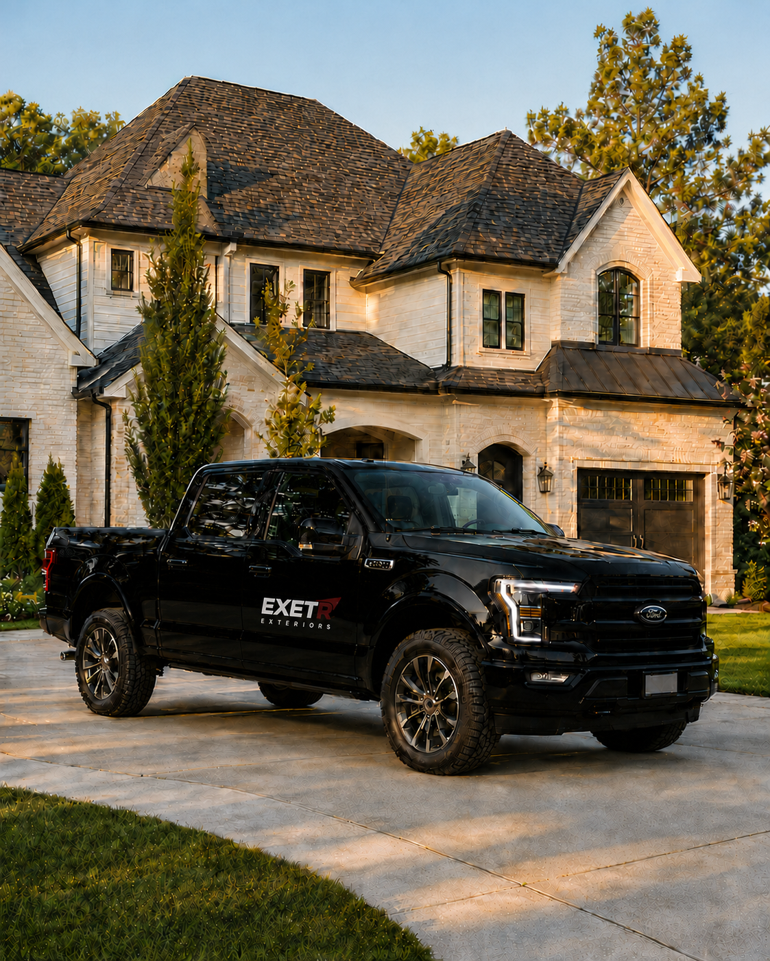 EXETR Exteriors branded black Ford F-150 pickup truck on site at a residential roofing project