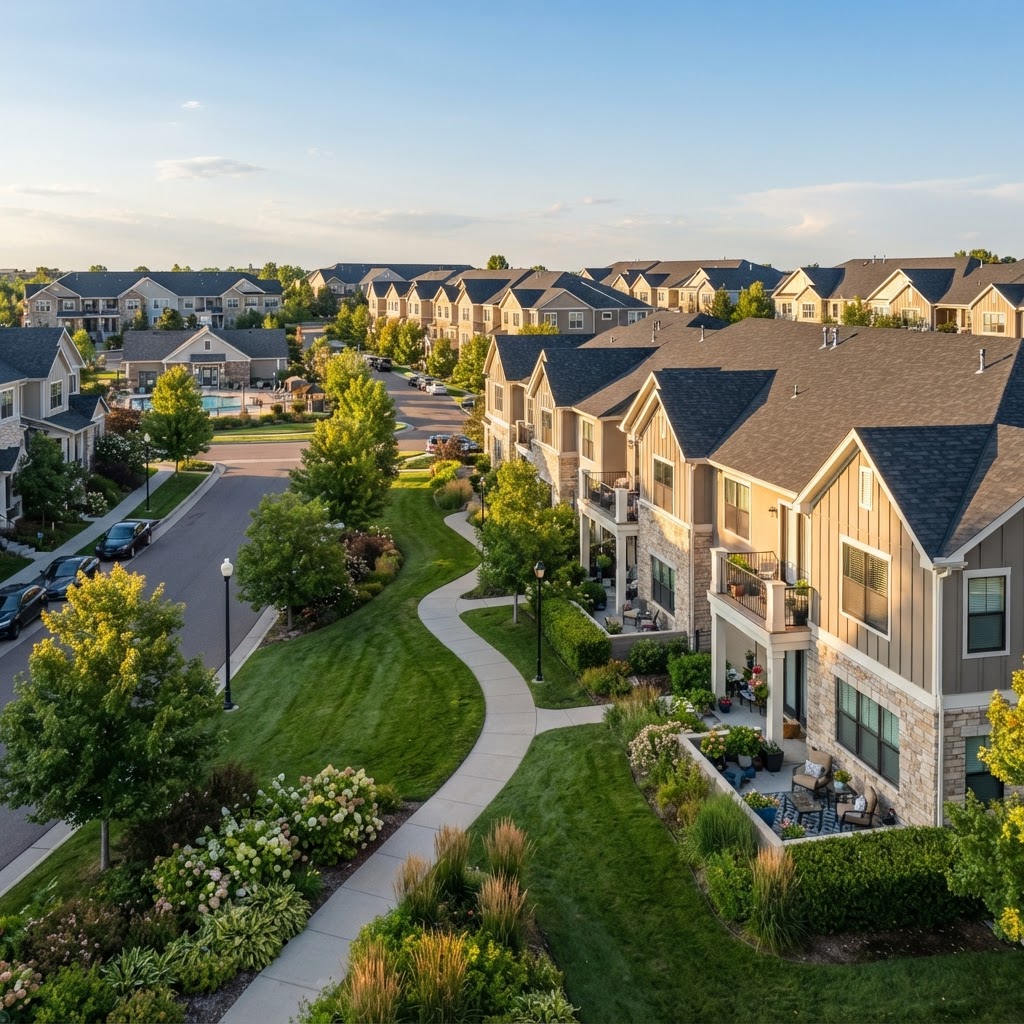 Condominium community showing multiple buildings with coordinated roofing and manicured common areas