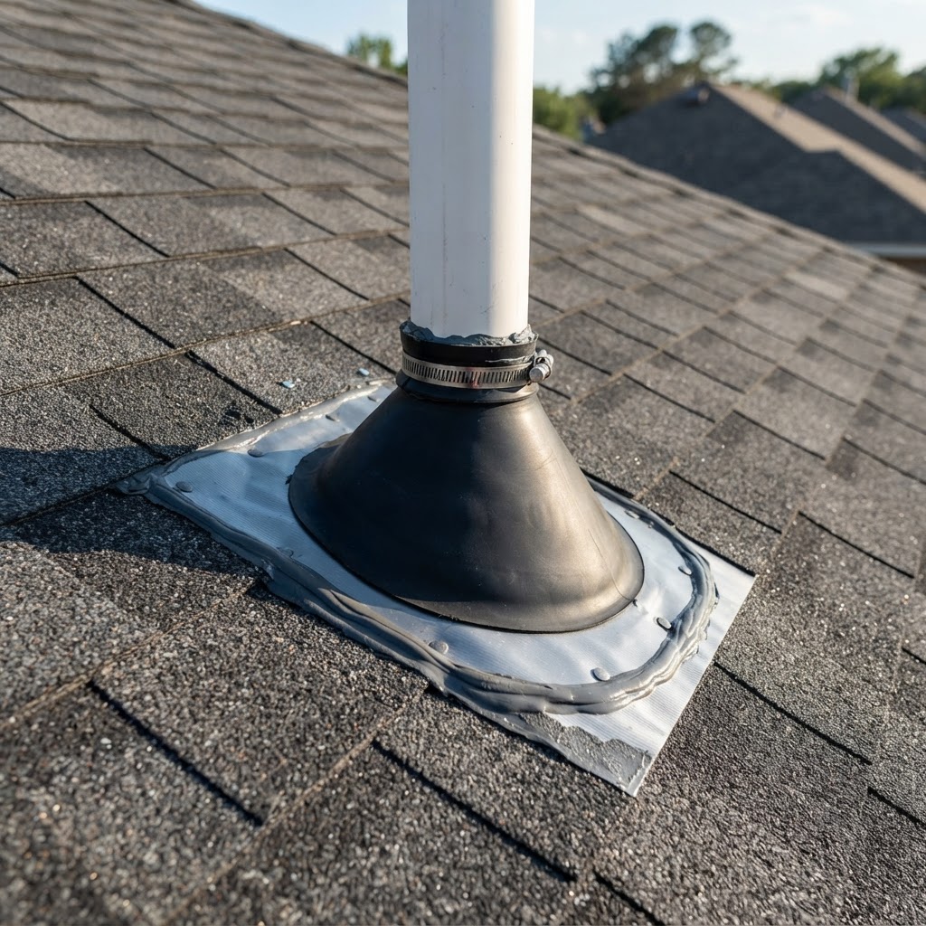 New pipe vent flashing installation showing proper sealing and shingle integration on a sloped roof