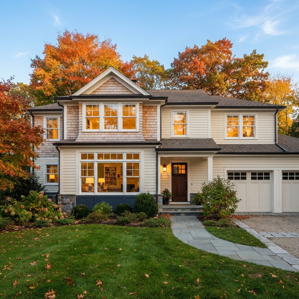 Beautiful American home with newly installed white double-hung replacement windows and large front picture window