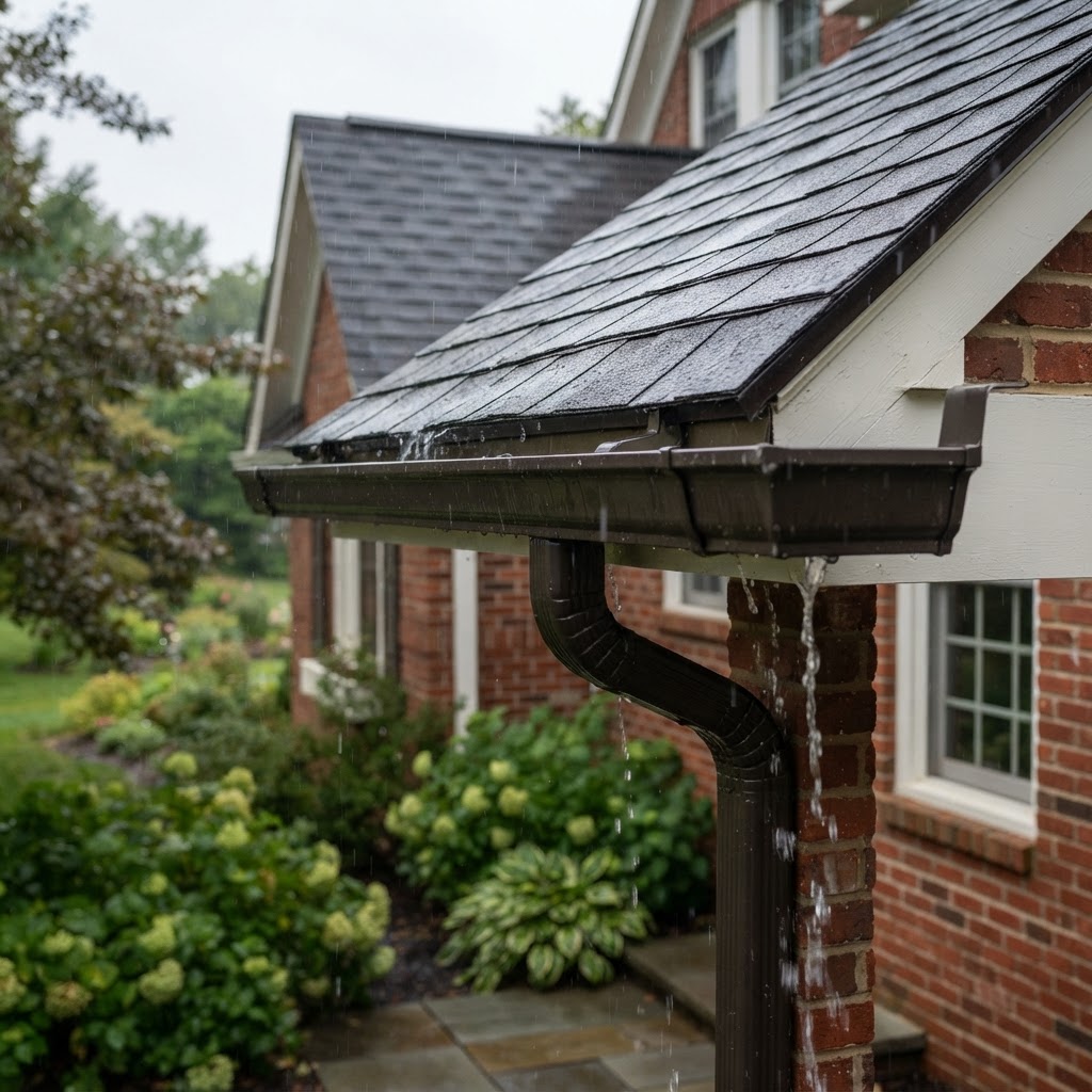 Rain water flowing through a seamless gutter system showing proper drainage function