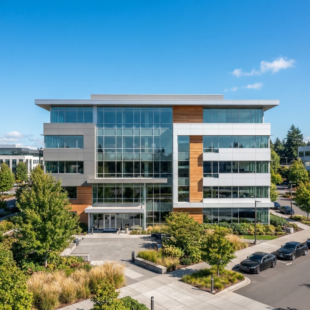 Modern commercial office building with flat low-slope TPO membrane roof and professional landscaping