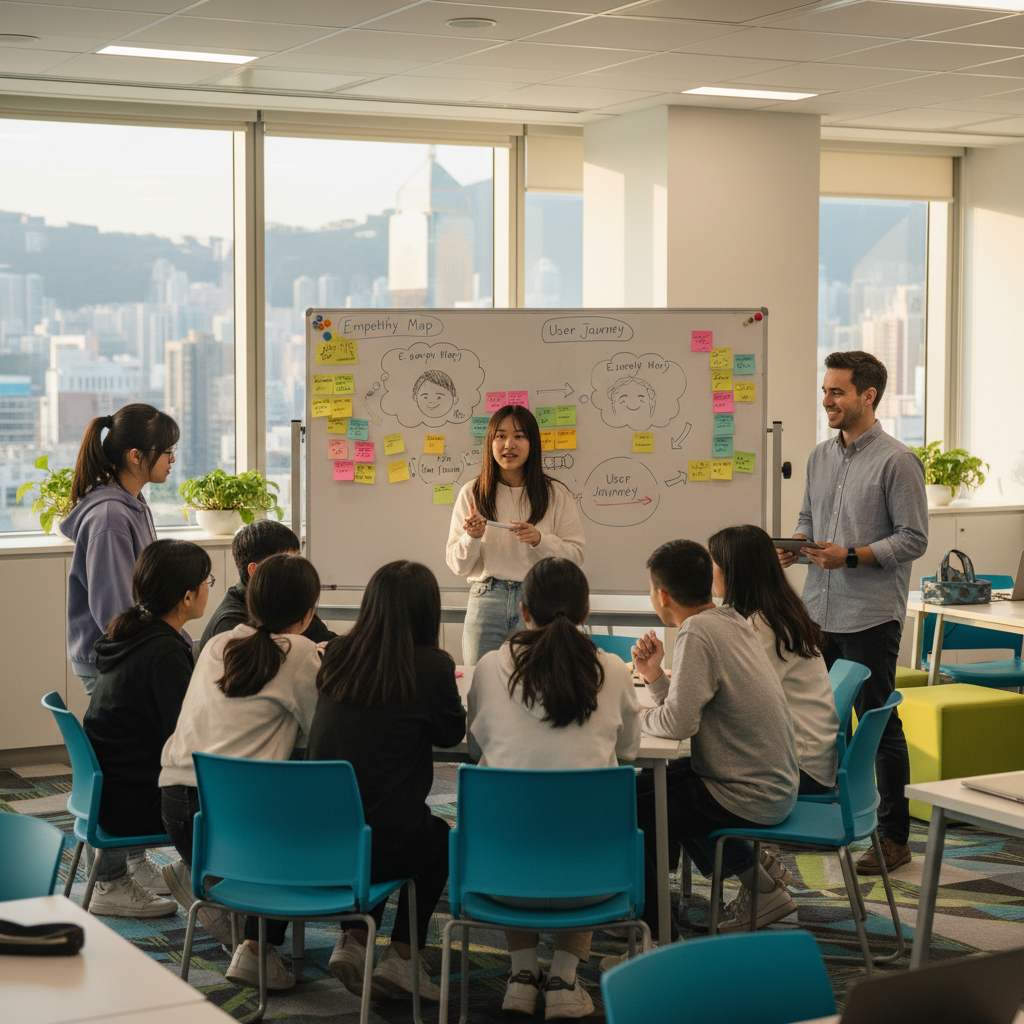 Design Thinking Workshop — students conducting empathy interviews and user journey mapping
