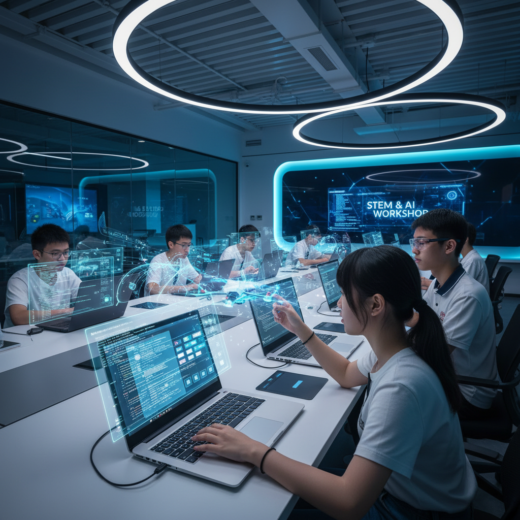 STEM AI Workshop — students experiencing VibeCoding, drone control, and generative AI creation