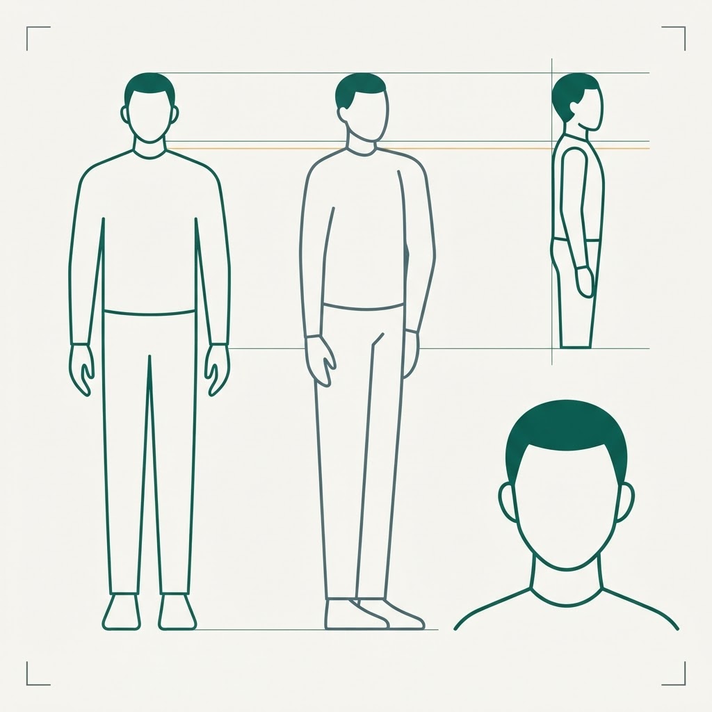 Illustration of a character reference sheet: front, three-quarter, profile, full body and close-up views of the same figure