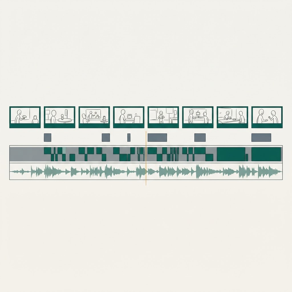 Illustration of an animatic: still storyboard frames on a timeline above a voice-over waveform track
