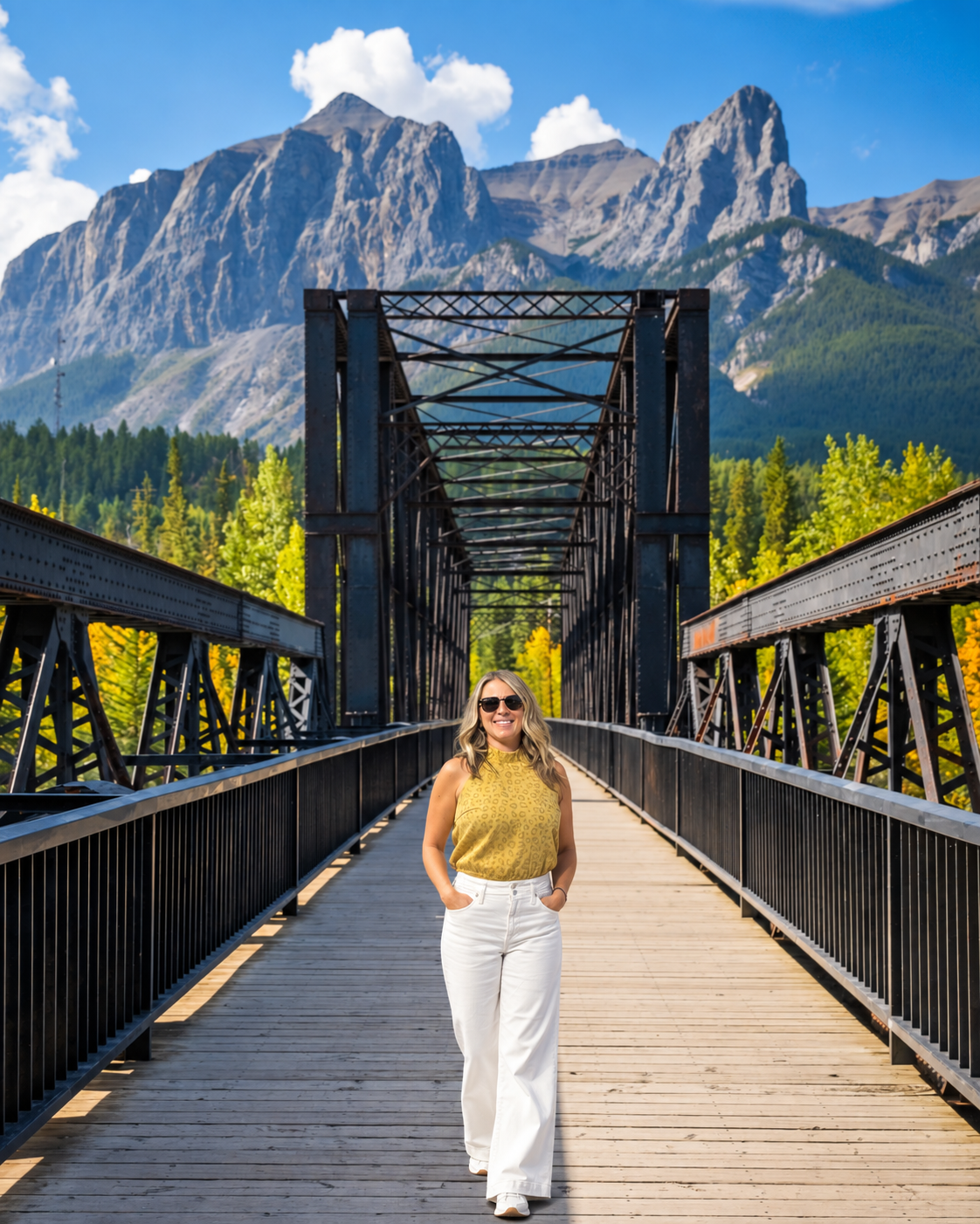 Heather Keys standing on a wooden bridge with mountains beyond