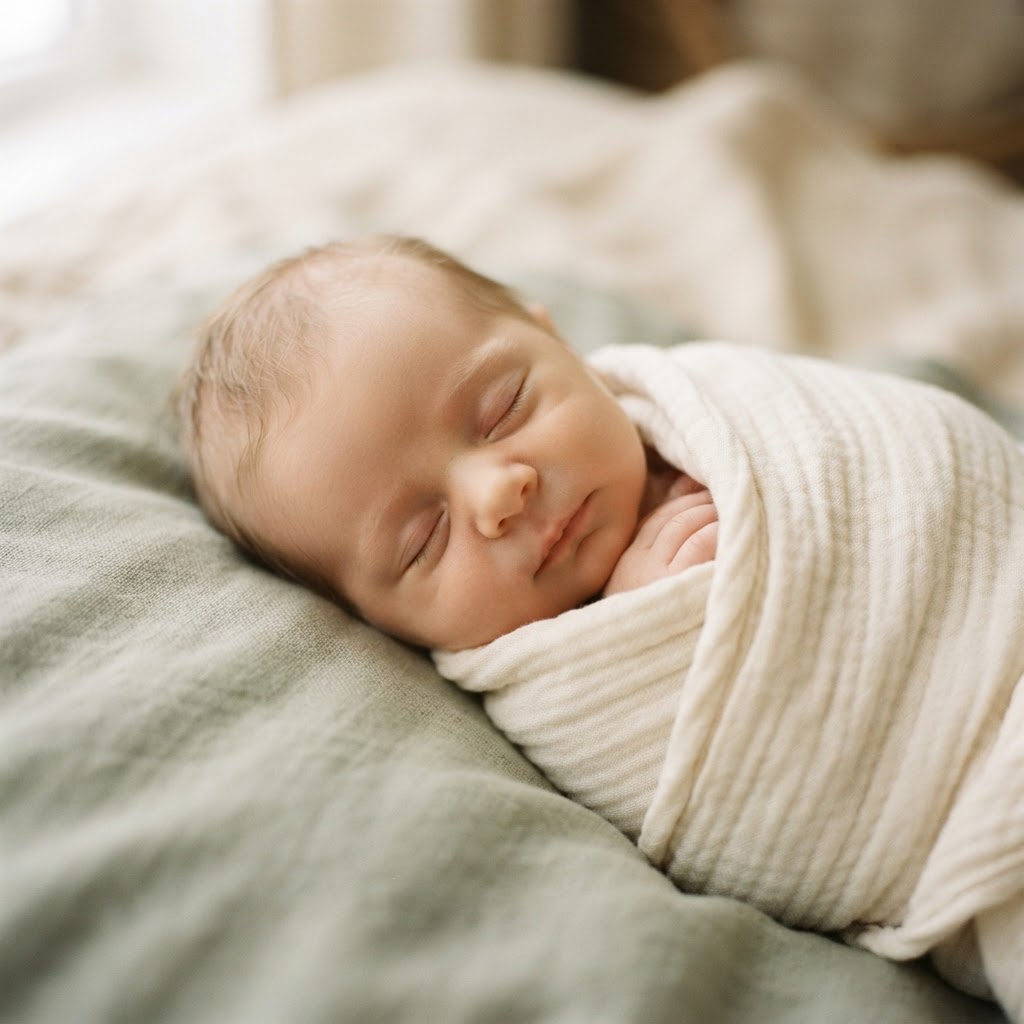 A peacefully sleeping newborn baby swaddled in a cream muslin blanket