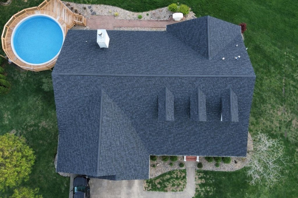 Finished roof — aerial view with pool