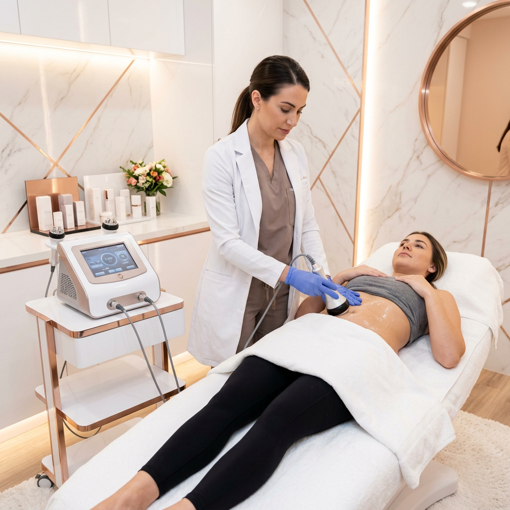 Body contouring training Melbourne - professional aesthetics specialist performing cavitation fat reduction treatment in Victoria clinic