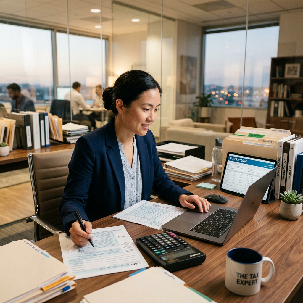 Professional tax accountant working at desk with financial documents and calculator