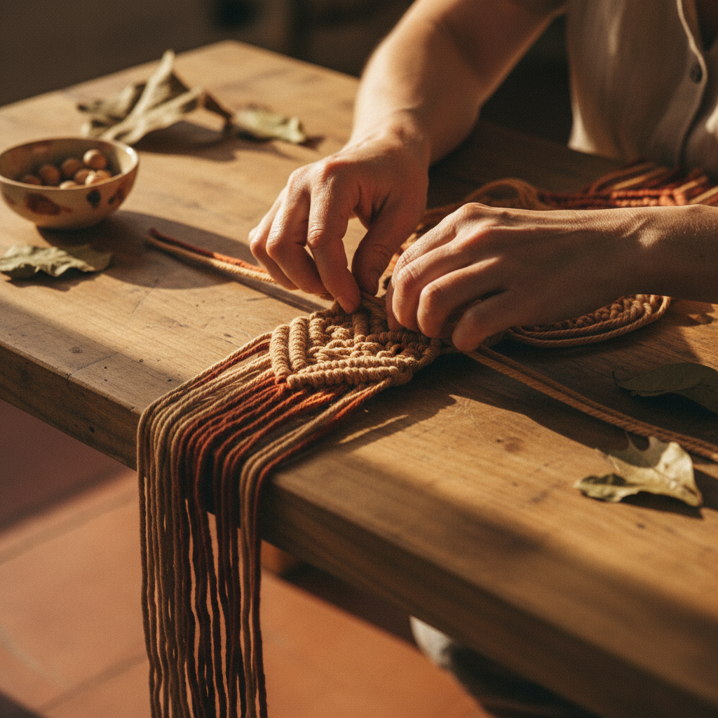 Artisan hands weaving — close up of craft