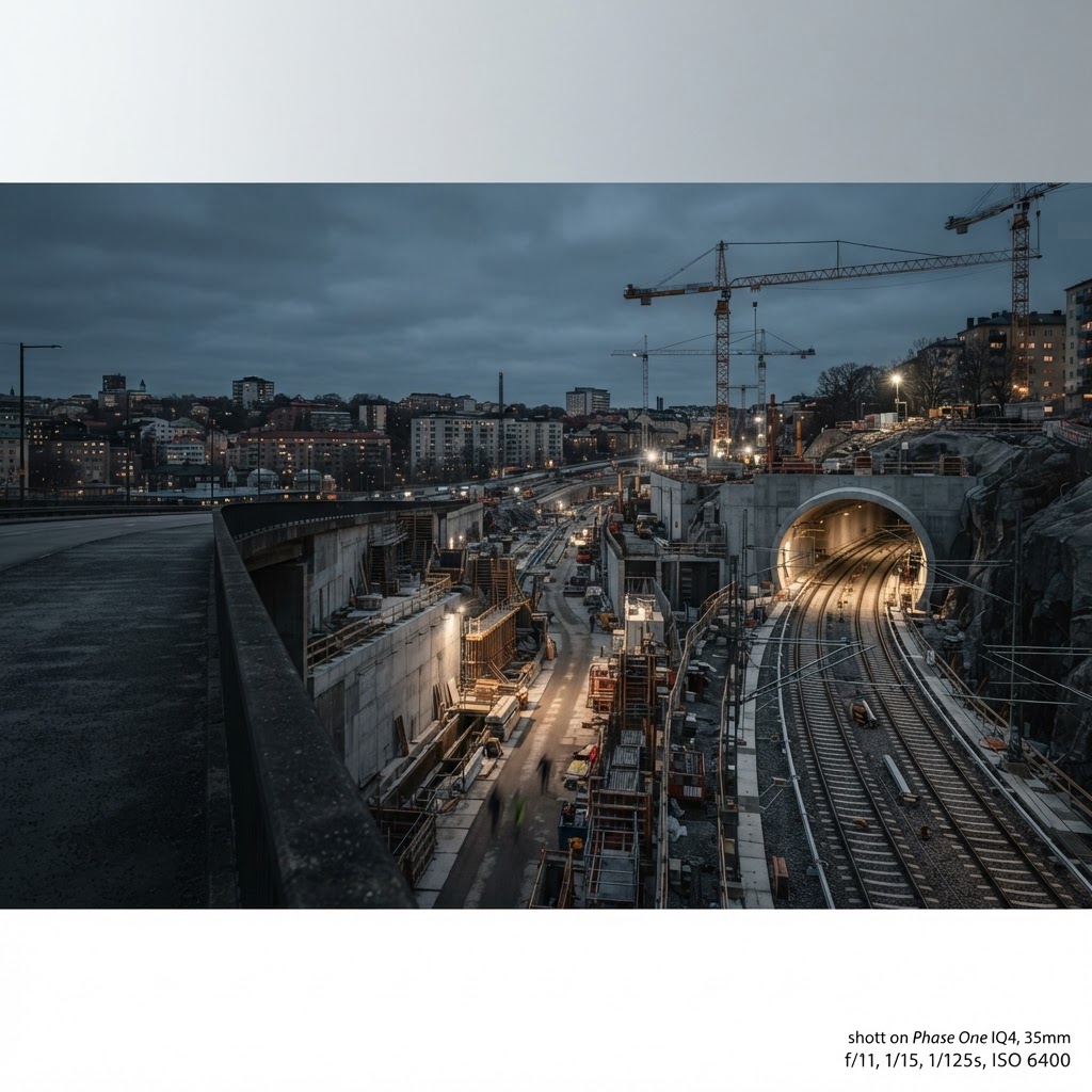 Urban rail corridor, tunnel portal and major civil works illustrating infrastructure at scale
