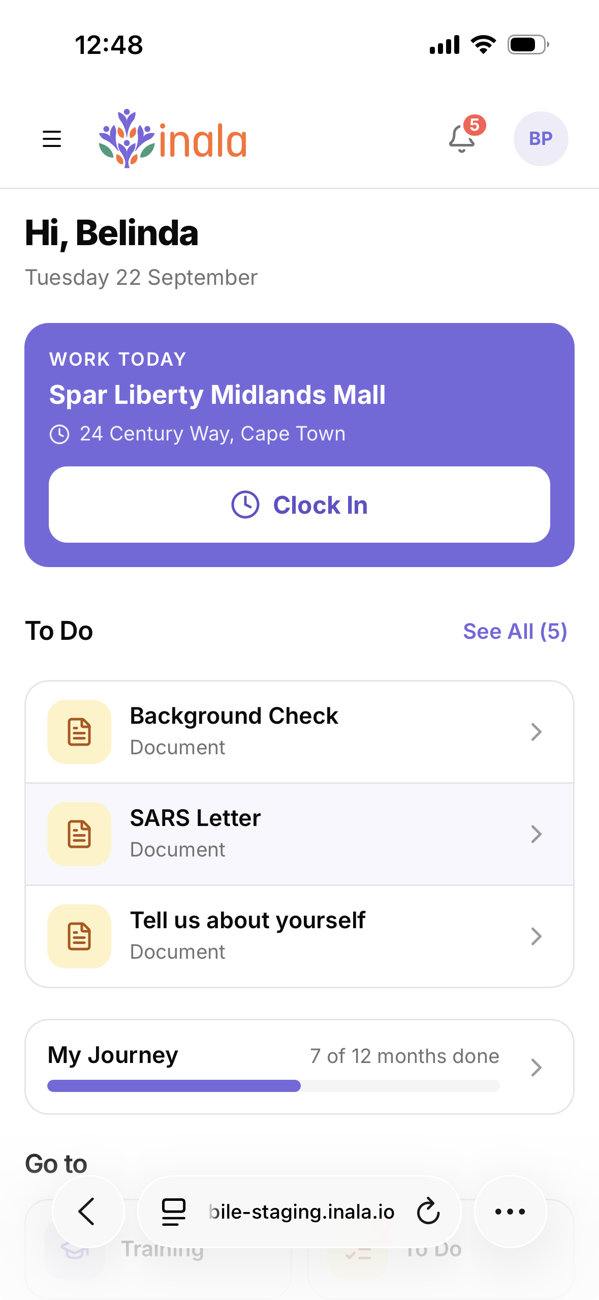 Inala mobile app dashboard for learners