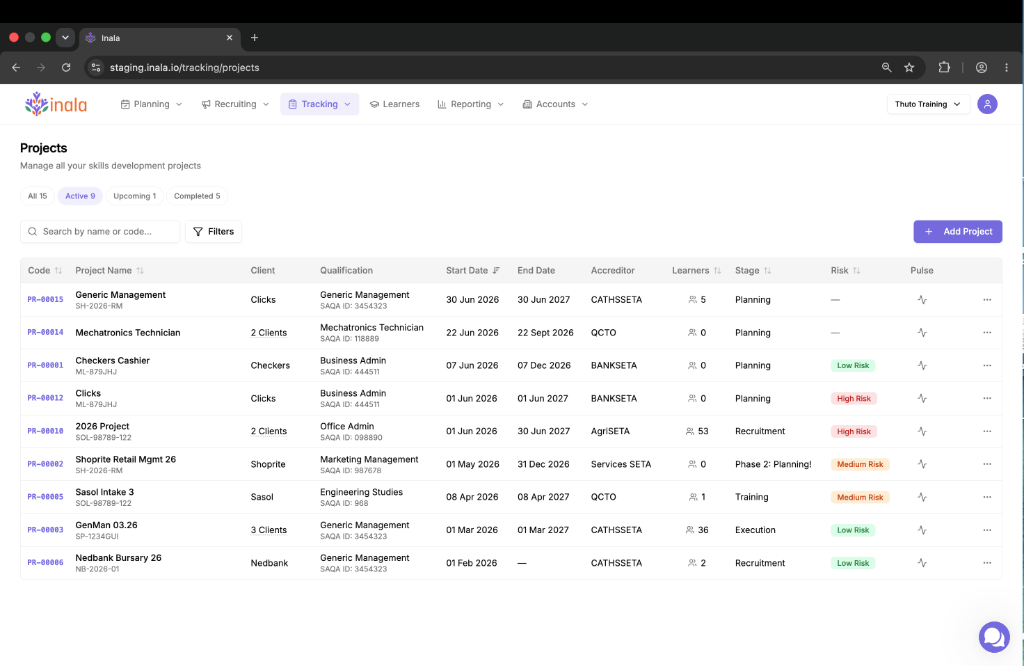 Inala projects dashboard