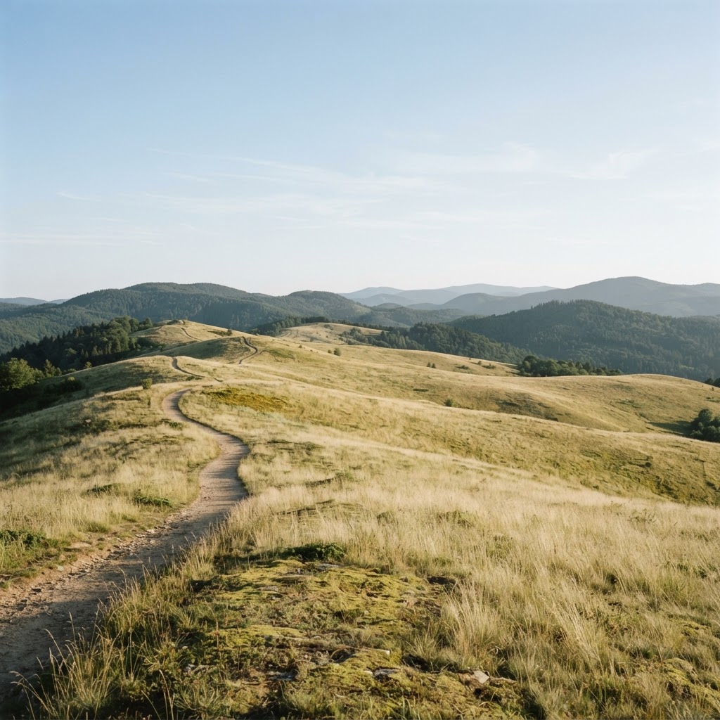 A winding path across a sunlit green hillside