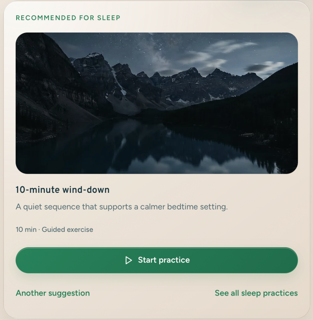 Voia Practice screen showing a recommended focus experience