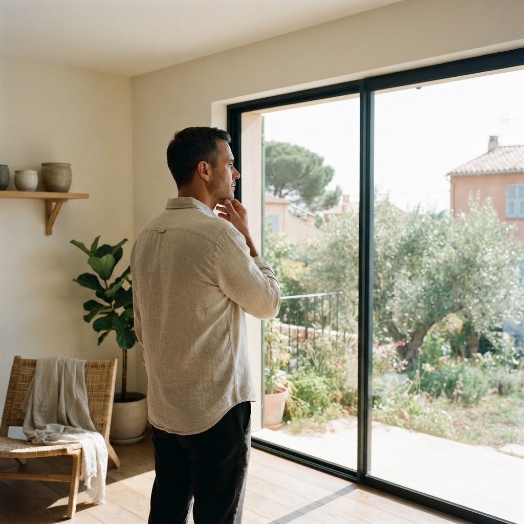 A man looking outside through a sunlit window