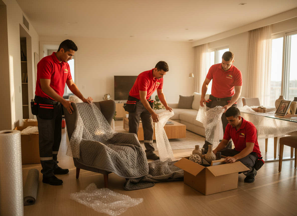 Equipe realizando embalagem profissional de móveis