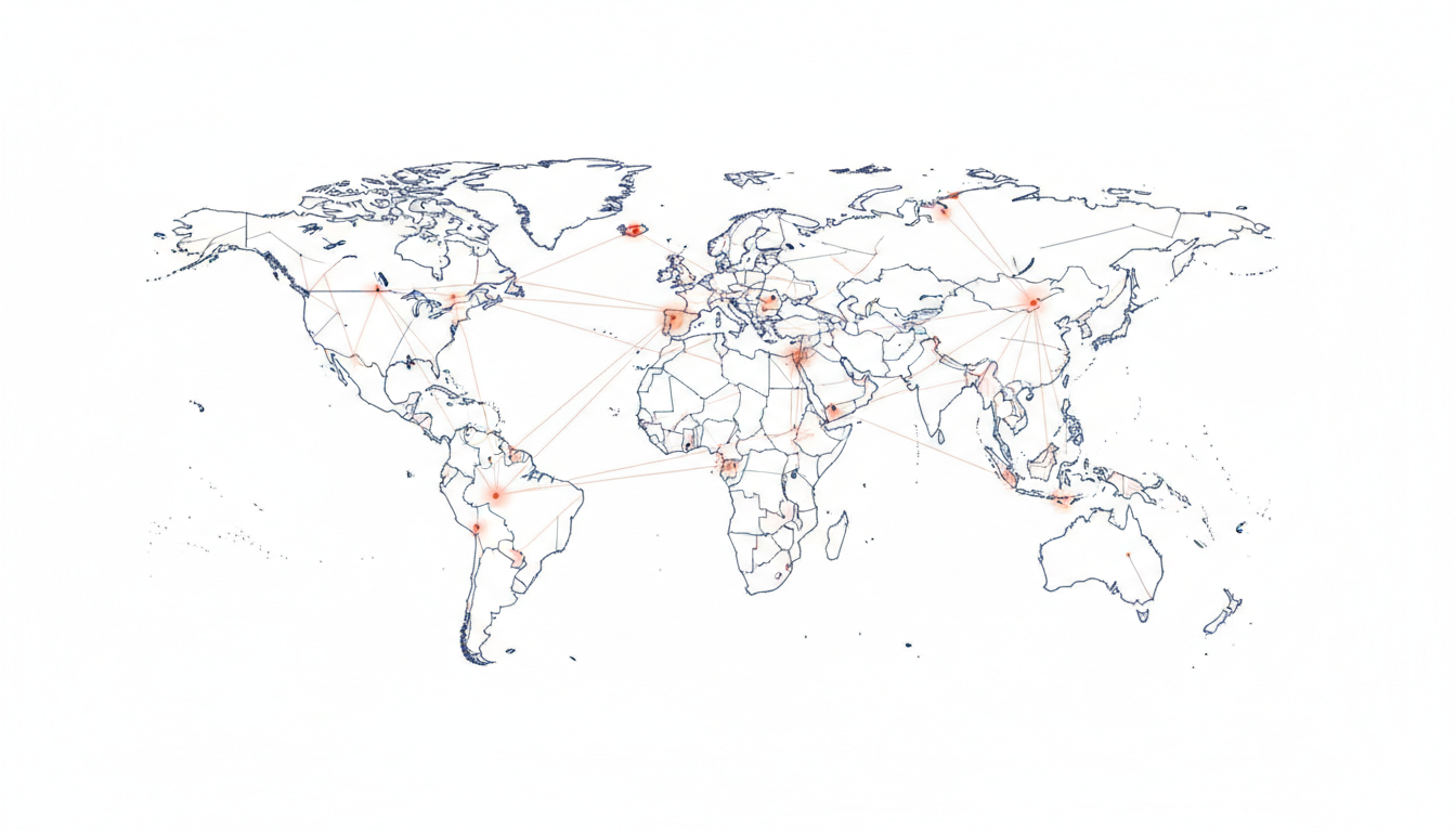 Global recruitment network map showing connected cities worldwide
